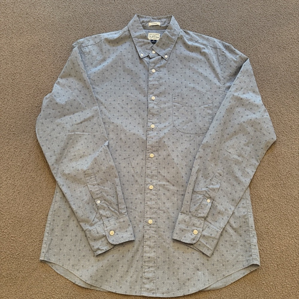 J.Crew Secret Wash Stretch Long Sleeve Shirt Blue AOP Men's Medium Preppy Casual
